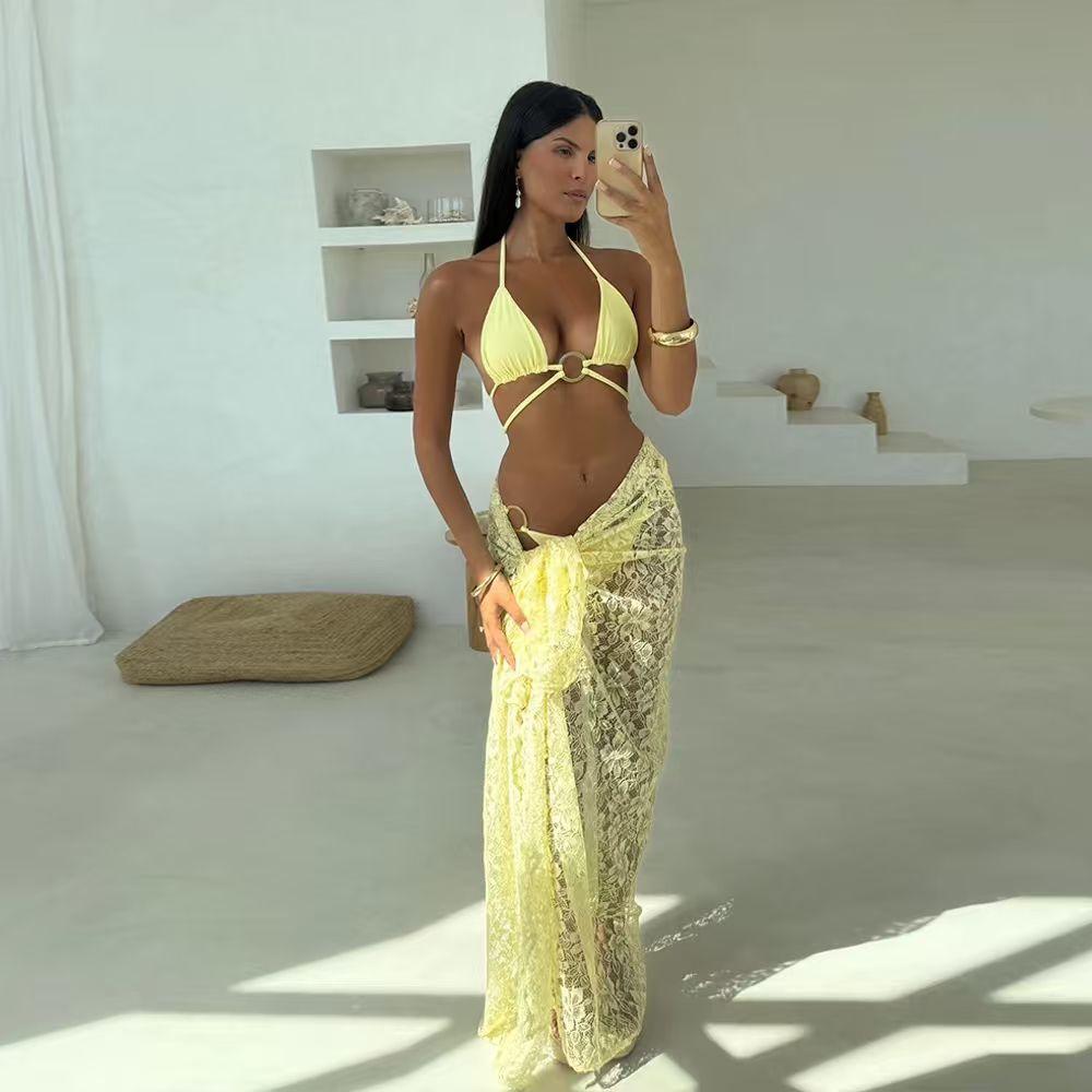 European And American New Lace Dress Split Three-Piece Bikini Solid Color Popular Beach Wear S