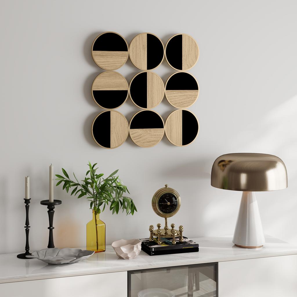 Decorative Geometric Wall Art Modern 3D Adornment 60x60 cm with Black Plastic Mirror and Natural Wood