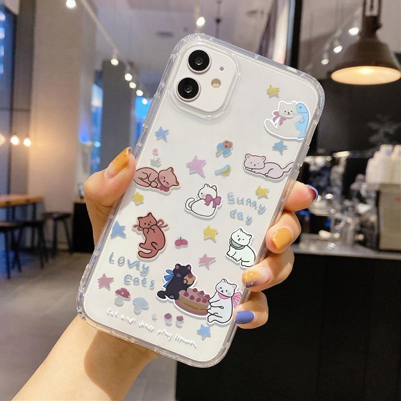 Cute Kawaii Cat Dog Sticker Phone Case for iPhone 17 16 15 14 13 12 11 Pro Max Plus Korean Style Shockproof Clear Soft TPU Cover