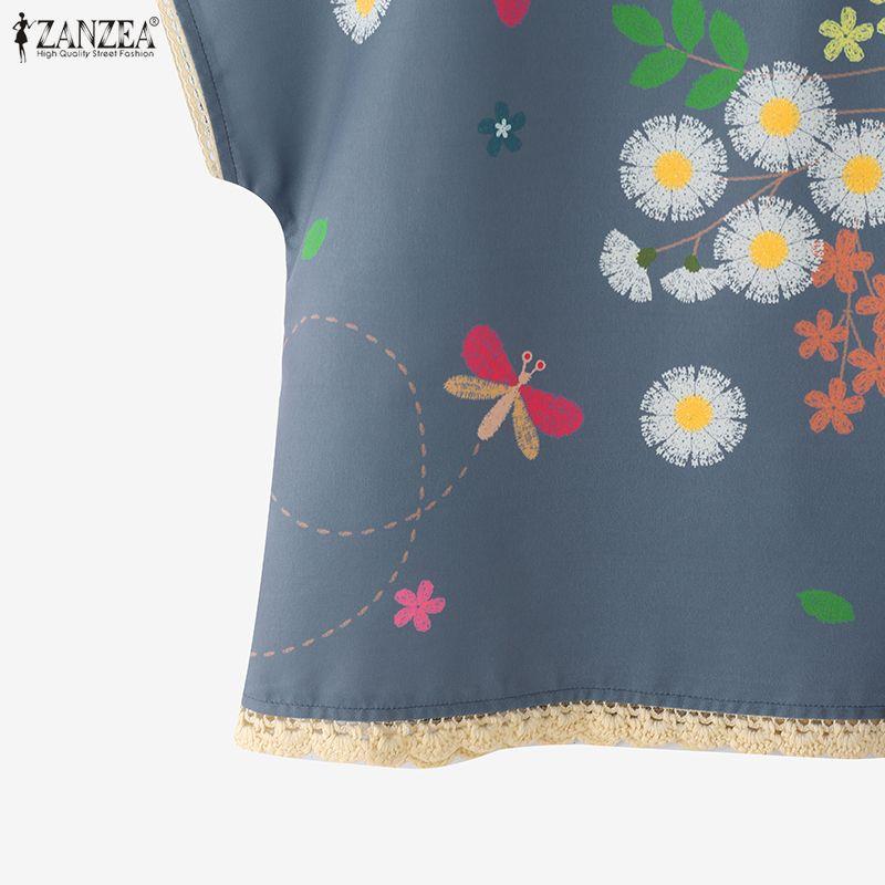 ZANZEA Blusa feminina casual de verão com decote redondo e manga curta floral