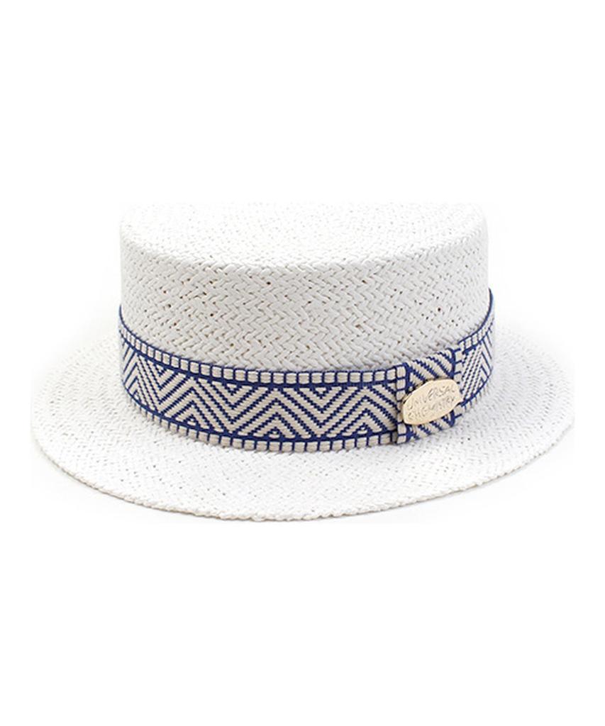 Yunibeosyeolkemiseuteuli Blue Mono Line White Flat Short Panama Hat Summer Fedora