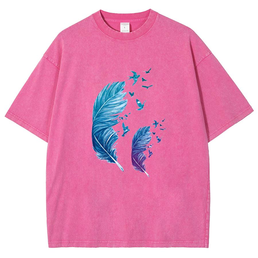 Washed Denim Women's Color Collision Girls Feather Abstract Printing Casual T-shirt Women's Basic Models Round Neck