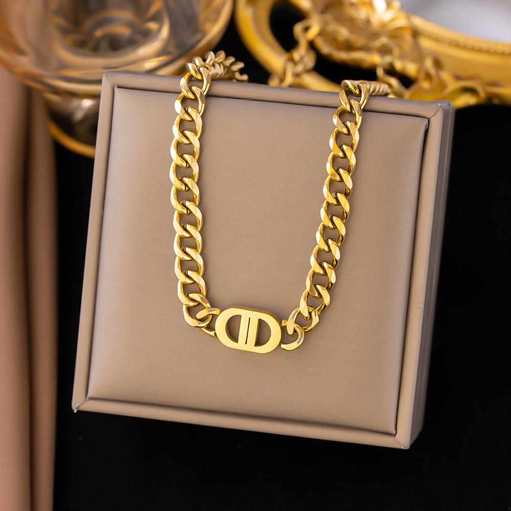 Gold Chunky Double D Titanium Steel Necklace - European & American Hip-Hop Style