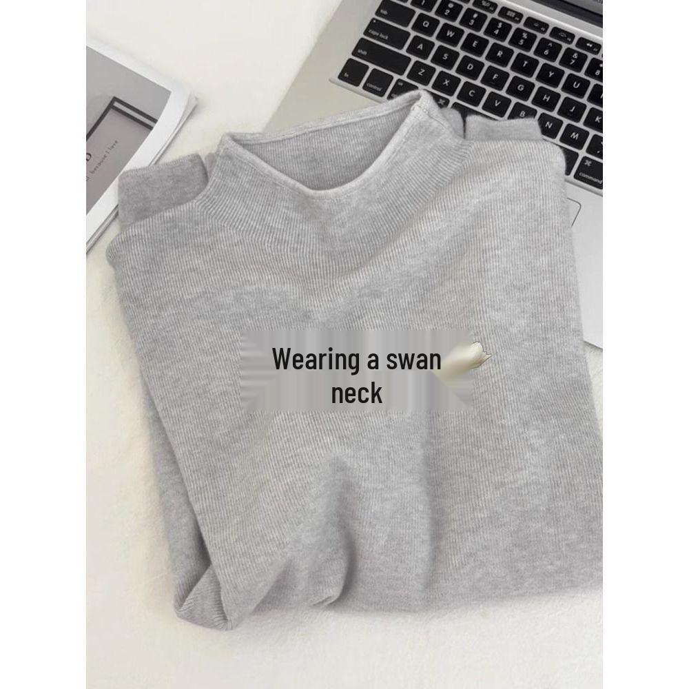 2026 Autumn/Winter Women's Slim Fit Wool Knitwear Pullover - Half-High Neck Solid Color Base Layer Top