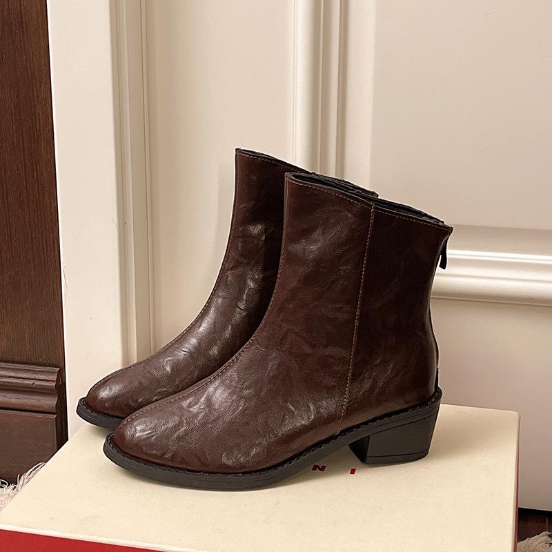 Maillard Brown Square Head Short Boots Women's Autumn and Winter New French Retro Thin V-mouth Ankle Thick Heel Thin Boots