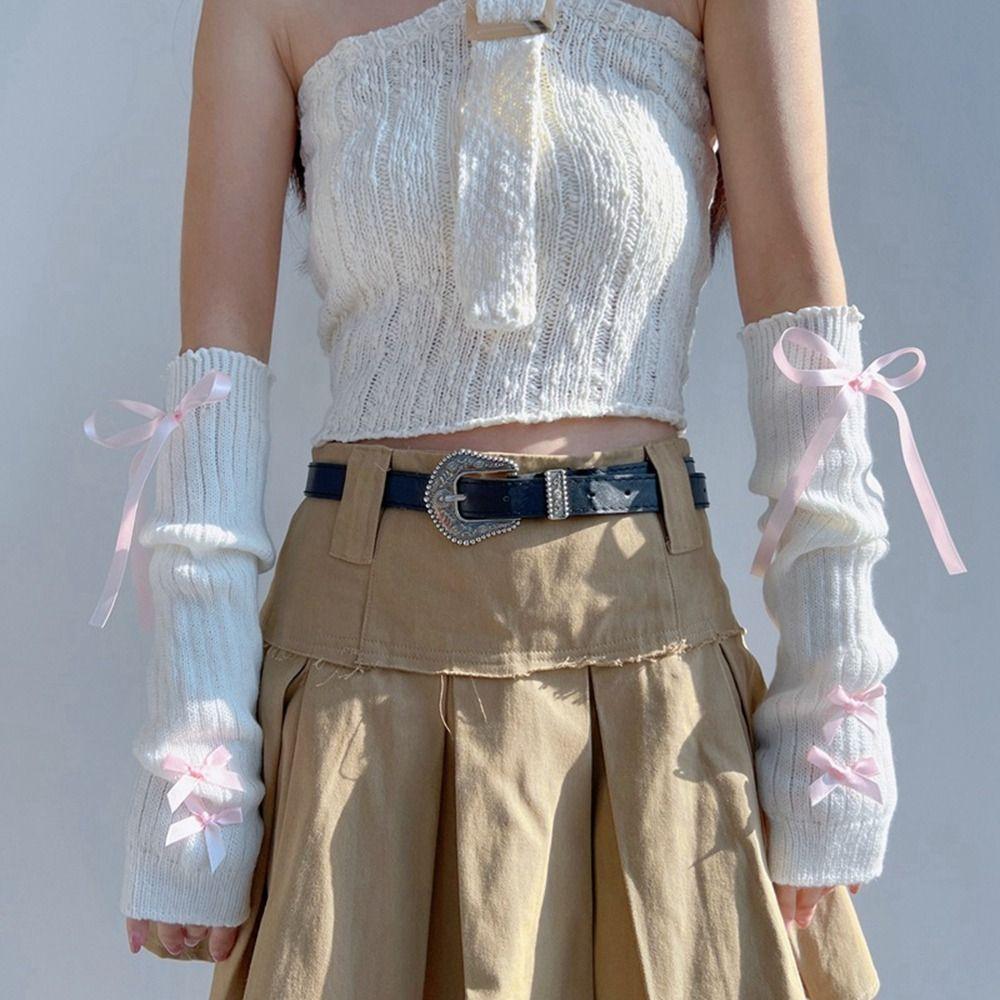 Sløyfe Y2K Varme Ermer Elastiske Fingerløse Hansker Ballettstil Sløyfe Strikkede Armvarmere Lolita