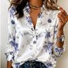 Dames Satin Witte Basis Fris Aquarel Bloemenprint Blouse Lange Mouwen Kraag Knopen Blouse Elegant Kantoor Casual Dames Meerkleurig Top