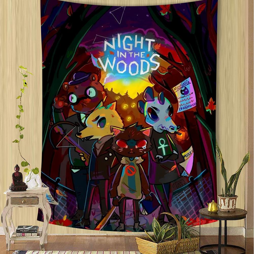 Night in the Woods Volle Charakter-Silhouette Wandteppich Farbverlauf-Hintergrund Gemütliche Zimmerdekoration für Indie-Spiel Nostalgische Fans