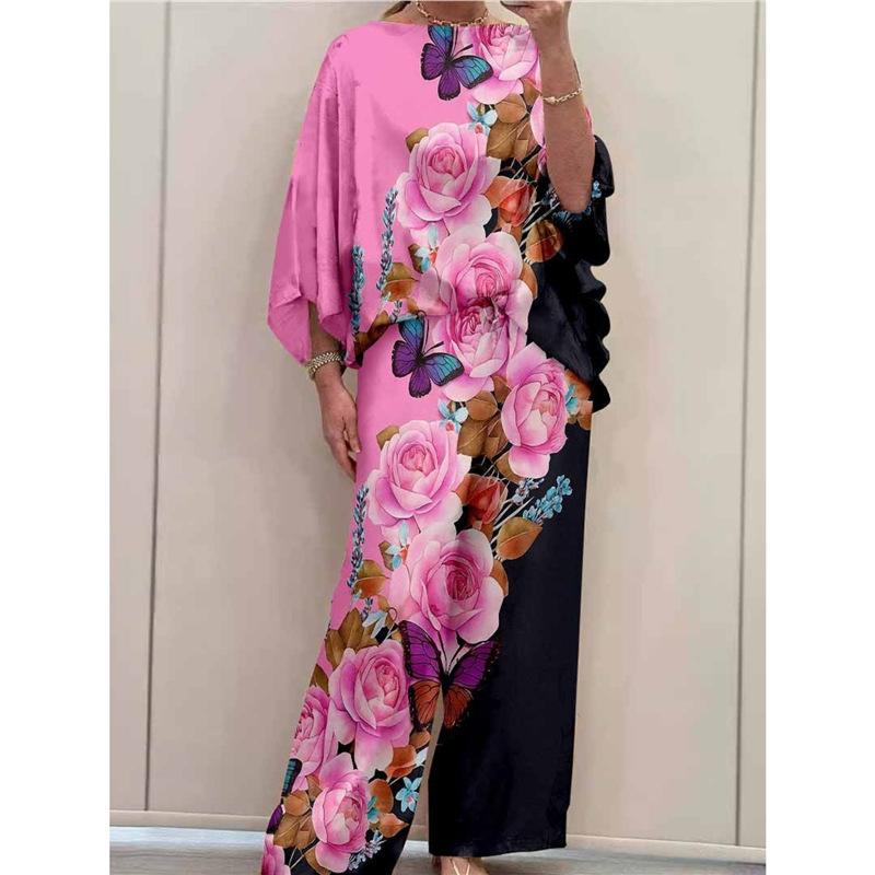 1D European and American Style Plus-size Loose Casual Five-quarter Sleeve Women's Summer Fashion Seaside Vacation Beach Two-piece Set