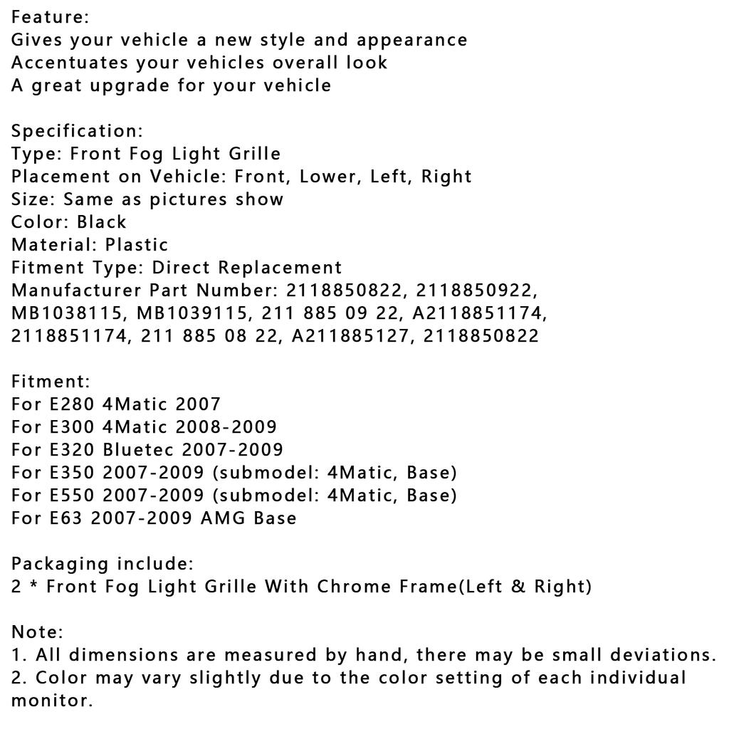 Nebelscheinwerfergitter Chrom Zierleisten Abdeckung Set Passend für Mercedes-Benz E-KLASSE W211 07-09