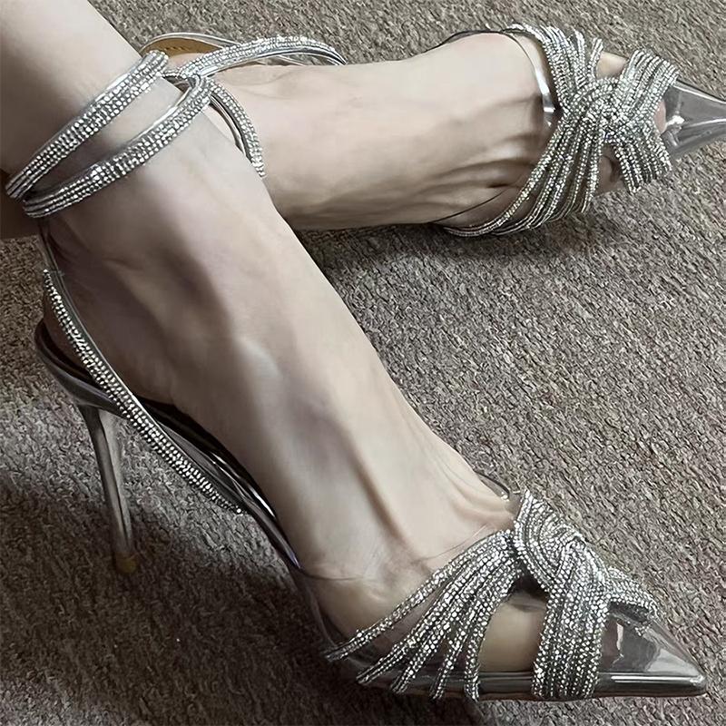 Women High Heeled Sandals 2026 Summer New Clear PVC Sandals Luxury Silver Crystal Pumps Sexy Pointed Toe Banquet Shoes