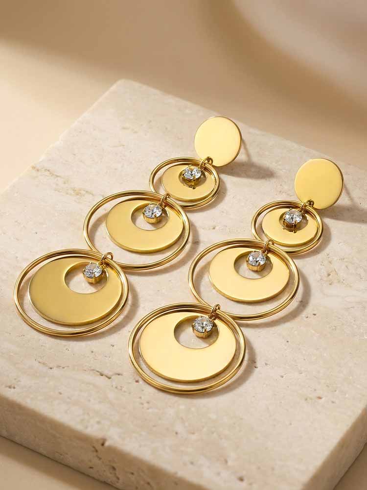 New Geometric Gold Color Layered Circle Dangle Earrings, Waterproof Stainless Steel Crystal Drop Earrings Women Trendy Jewelry