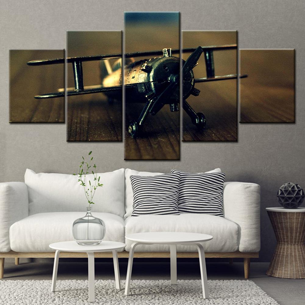 5 Pieces Wall Art Canvas Painting Retro Airplane Model Poster Modular Home Framework Pictures Decoration Living Room