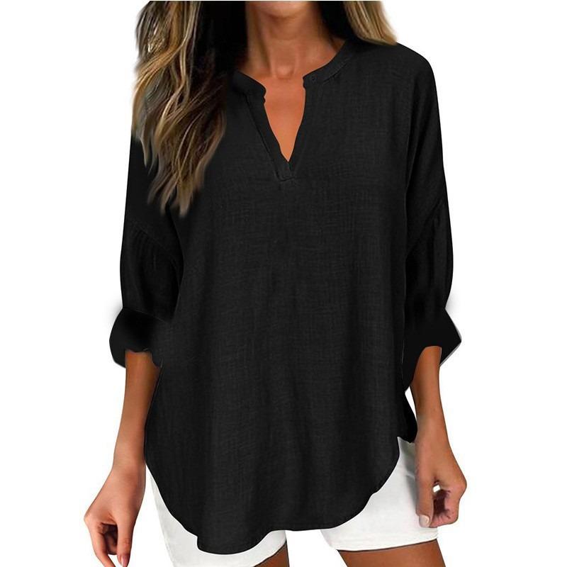 IHUASU Camicette e camicie da donna con scollo a V, maniche corte, stampa tinta unita casual alla moda