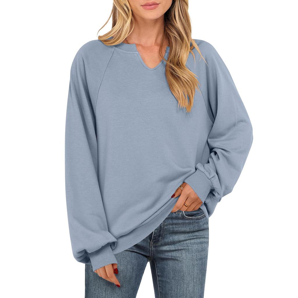Women's Fashionable Casual Solid Color V-neck Long Sleeved T-Shirt Top Solid Color Sweatshirt