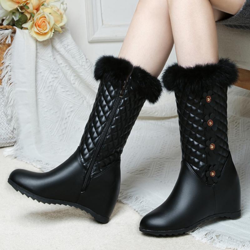 White Women's Winter Fur Snow Boots Black Mid-calf Boot Female Wedge Heels Decoration Footwear Shoe Mother Large Size Waterproof