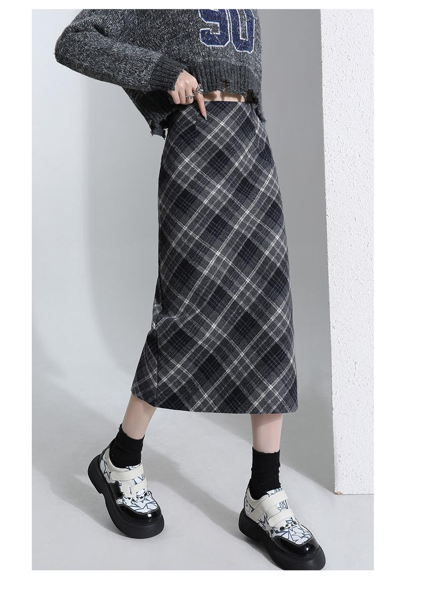 

Women s Plus Size Plaid Wool Blend High Waist A-line Skirt with Slit - Mid-Length Slimming Design for Spring and Autumn 2XL чёрный/синий