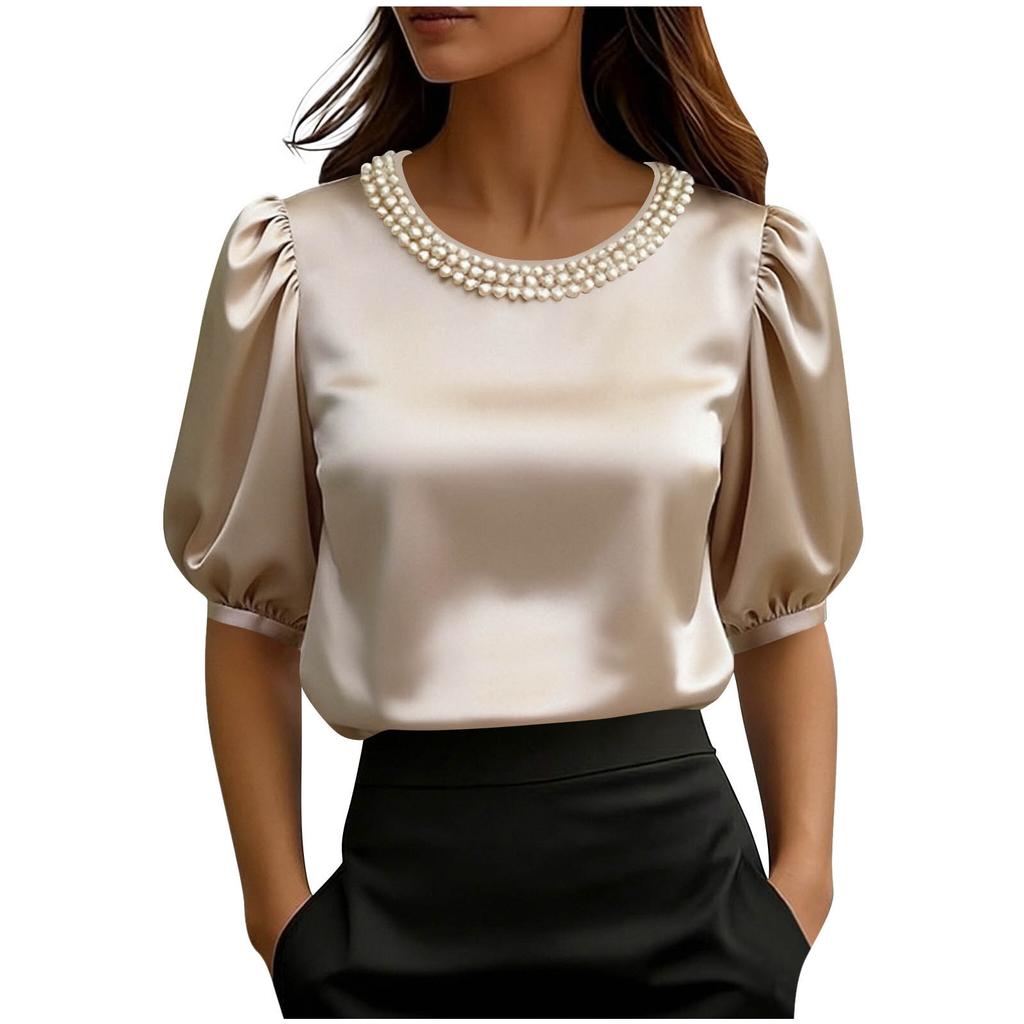 Women's Fashion Loose Fit Satin Pearl Collar Short Sleeve Blouse Top Casual Elegant Office Wear