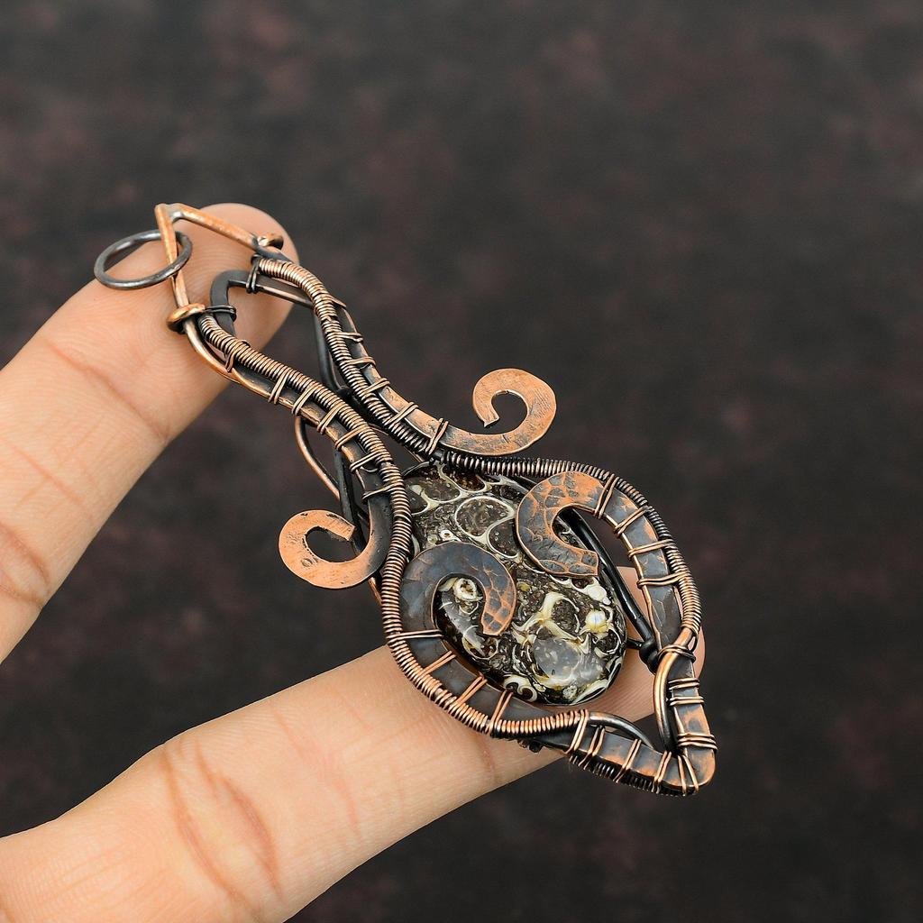 Turritella Agate Pendant Copper Wire Wrapped Pendant High Quality Gemstone Pendant Handmade Copper Wire Jewelry Wedding Gift Stylish Pendant