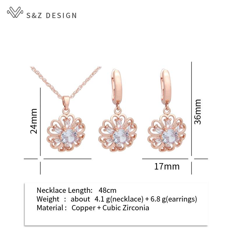 Mode Roséguldfärg Runda Kubiska Zirkonia Blommor Hängande Örhängen Smyckesset För Kvinnor Hängsmycke Halsband