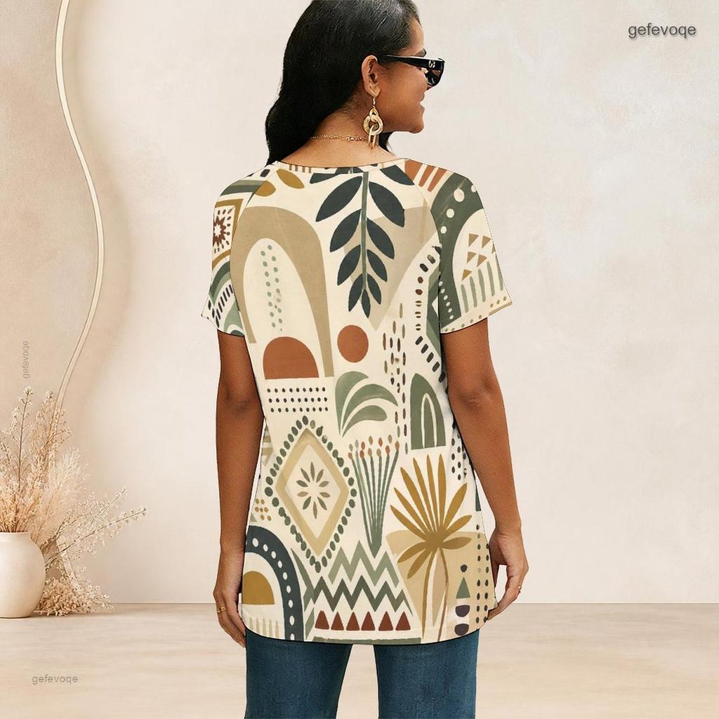 Women Plus Size Ethnic Printed V Neck Ring Zip Short Sleeve Loose Curved Hem Shirt