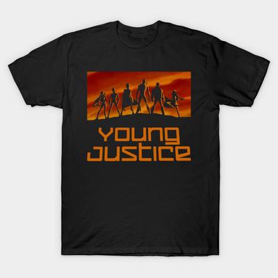 Asian Size Men Black Print T-shirt Young Justice No-Cut Heat Transfer Print Cotton Tshirt