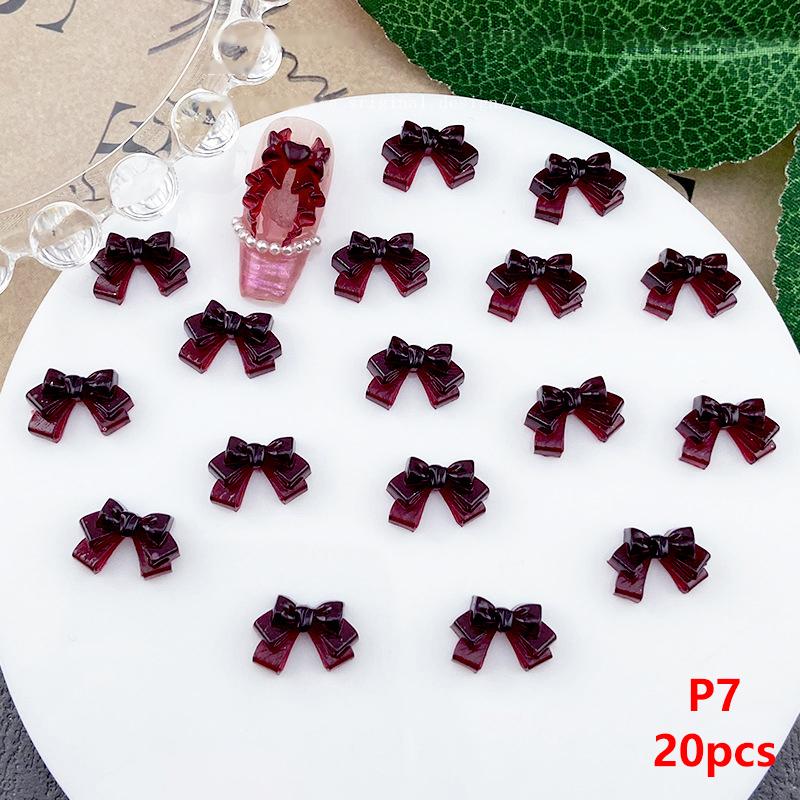 20Pcs Wine Red Resin Bow Nail Charm Bulk Mix Size 3D Ribbon Bowkont Mini Kawaii Nail Art Accessories Diy Cute Nails Decorations