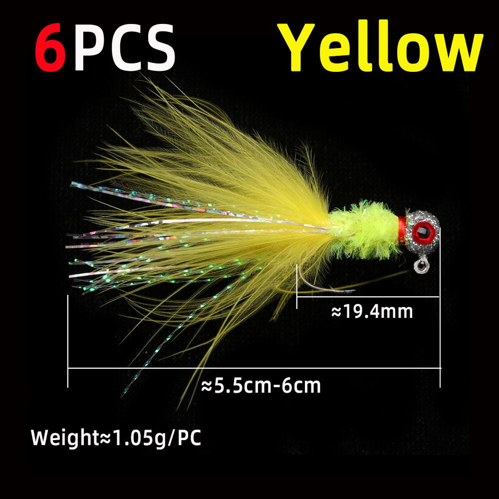 6 STÜCKE 6 Farben Marabou Crappie Jigkopf Haken Eisfischen Panfish Sonnenfisch Forelle Walleye Angelköder Haken