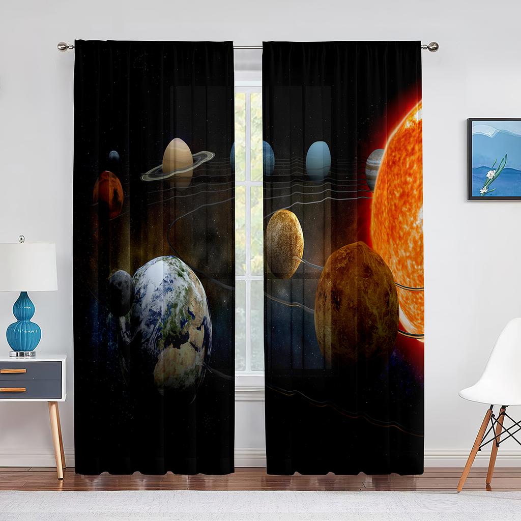Solar System Outer Space Sheer Voile Curtain for Living Room Bedroom Decor Planet Galaxy Glitter Fantasy Window Tulle Curtains
