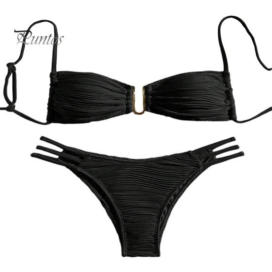 

2 шт./комплект женский бикини комплект слинг бандо бюстгальтер с подкладкой морщинистая текстура трусы комплект пэчворк цветной раздельный купальник XS чёрный