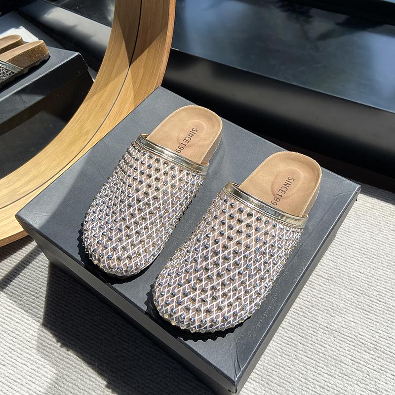 Fashion Super Popular Water Diamond Full Diamond Women's Shoes, Fishing Net Toe Cover Half-slippers, Flat Lazy Women's Sandals