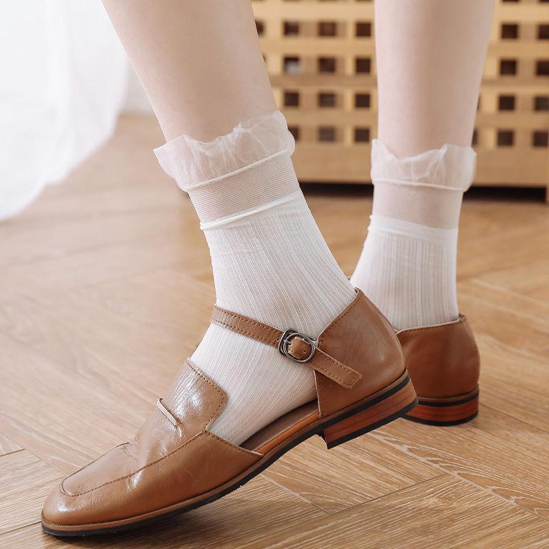 1 Pair Women'S Summer Ruffled Nylon Socks Transparent Stripes Lace Short - Breathable Ultra-Thin Elastic Non-Slip Sexy Stockings