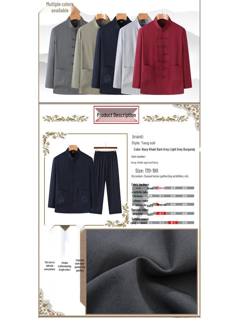 Costum Tang cu mânecă lungă pentru bărbați: Hanfu în stil chinezesc pentru primăvară/vară - Perfect pentru persoane de vârstă mijlocie și vârstnici, Cămașă Tai Chi pentru tata și bunicul