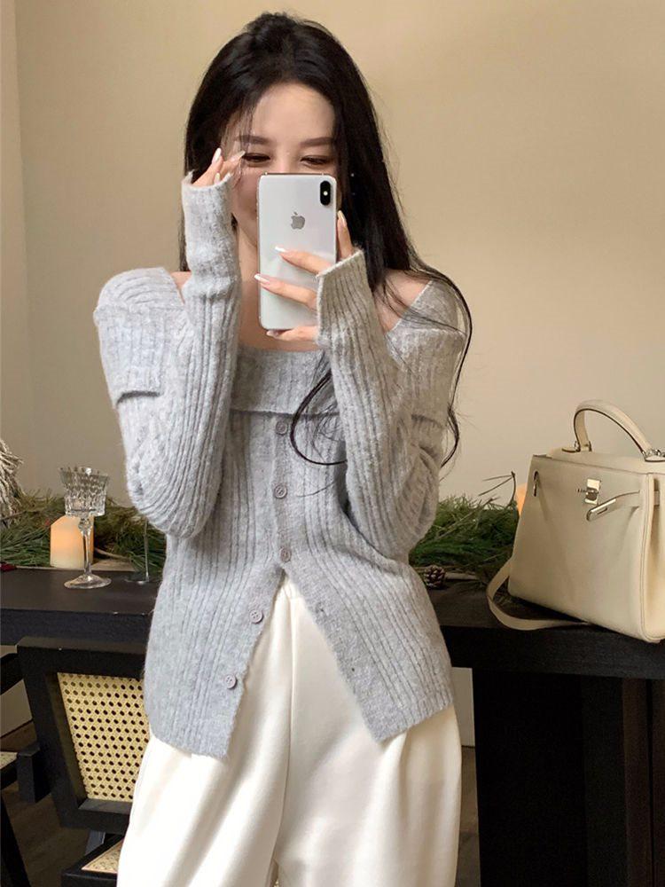 Pure & Sexy Off-Shoulder Knit Sweater for Women - Autumn/Winter Long-Sleeve Cardigan