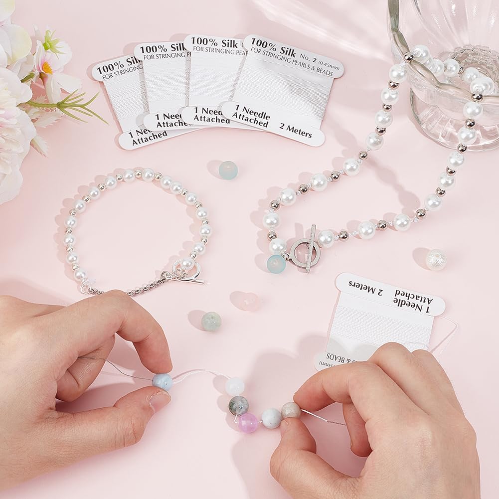 Beebeecraft 5Pcs 2.19 Yards Real Silk Cord White Basic Elements Natural Pure Silks Perlseide Stringing Beading Thread Cords for Knotting Pearls