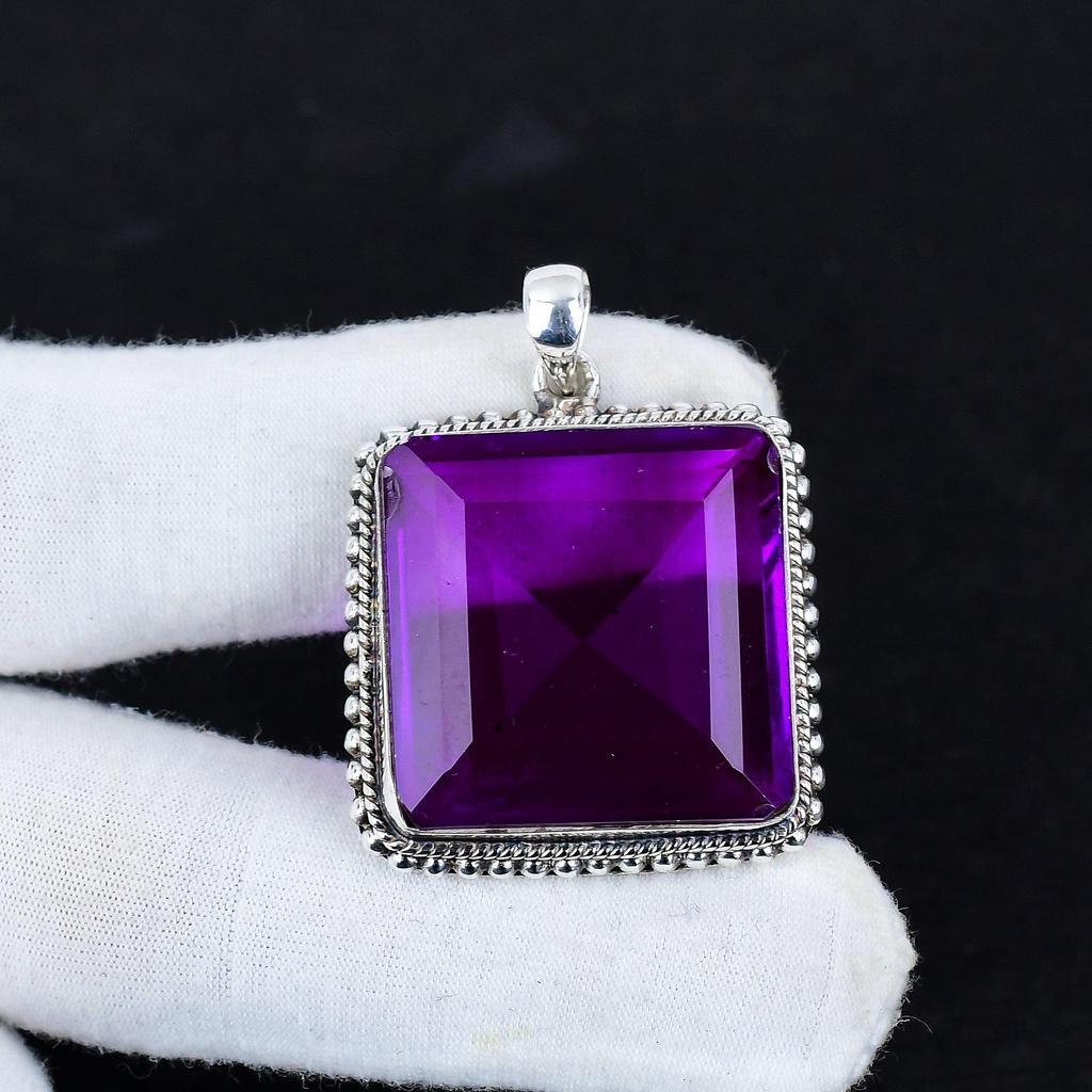 Amethyst Gemstone Silver Pendant In 925 Sterling Silver - Handmade Square Design, Perfect for Gifts, and Everyday Wear Jewelry Valentine Day Gift