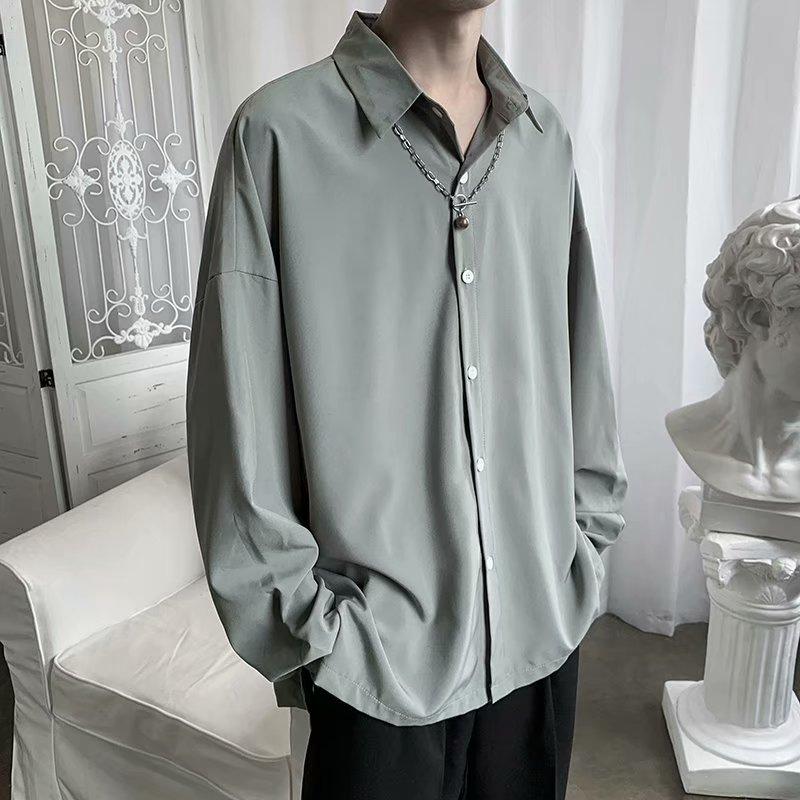 

Мужская модная рубашка из ледяного шелка, мужская свободная рубашка с длинным рукавом в корейском стиле, модный красивый гонконгский стиль, японский стиль