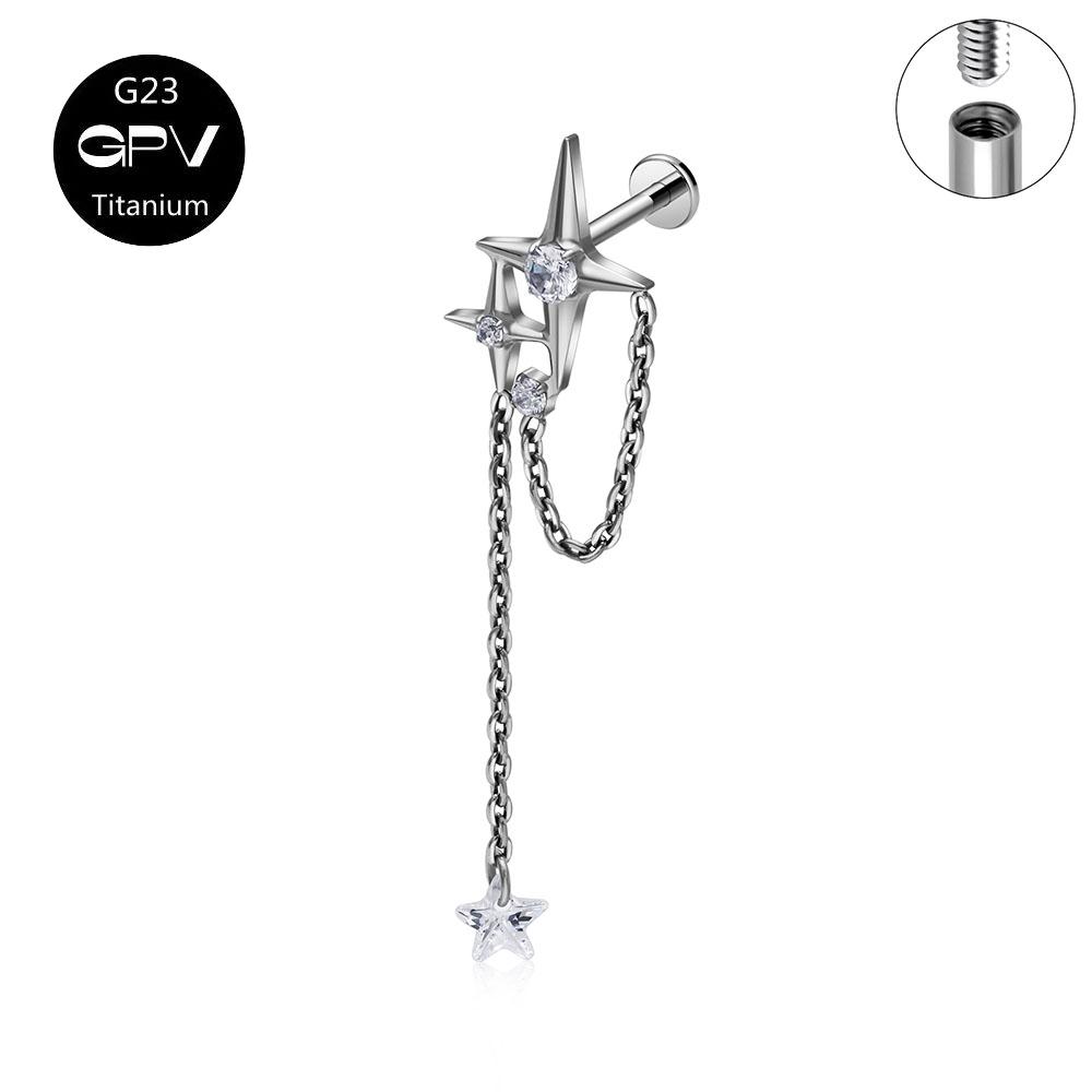 G23 F136 Titanium Star Ear Cartilage Nail Chain Pendant Cross 5A Zircon Earnail Women's Perforated Zircon