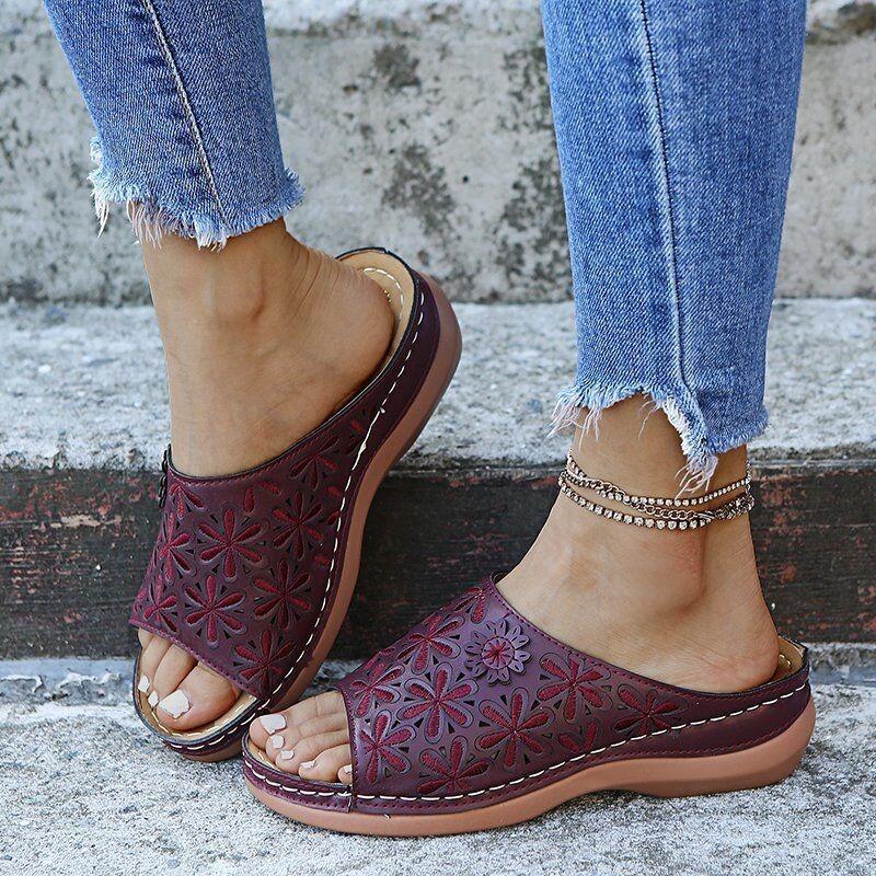 Large Size Sewing Line Women's Shoes Summer New Flower Fish Mouth Sandals Hollow Slope Heel Cool Slippers Women