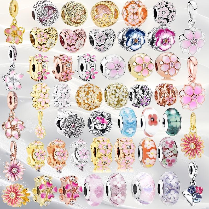 Cherry Blossom Flower Clip Charm Beads Dangle Fit Original Snake Silver Bracelet Necklace Bead For Diy Jewelry Women Gift