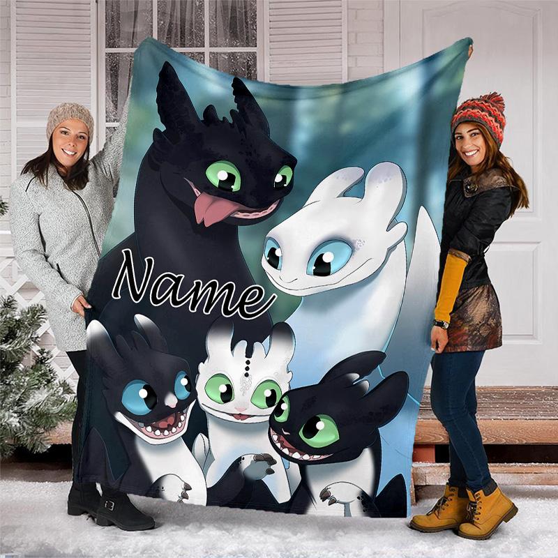 Customizable Toothless Throw Blanket – Personalized Name, All-Season Cozy Snug Blanket, Machine Washable, Personalized Blanket
