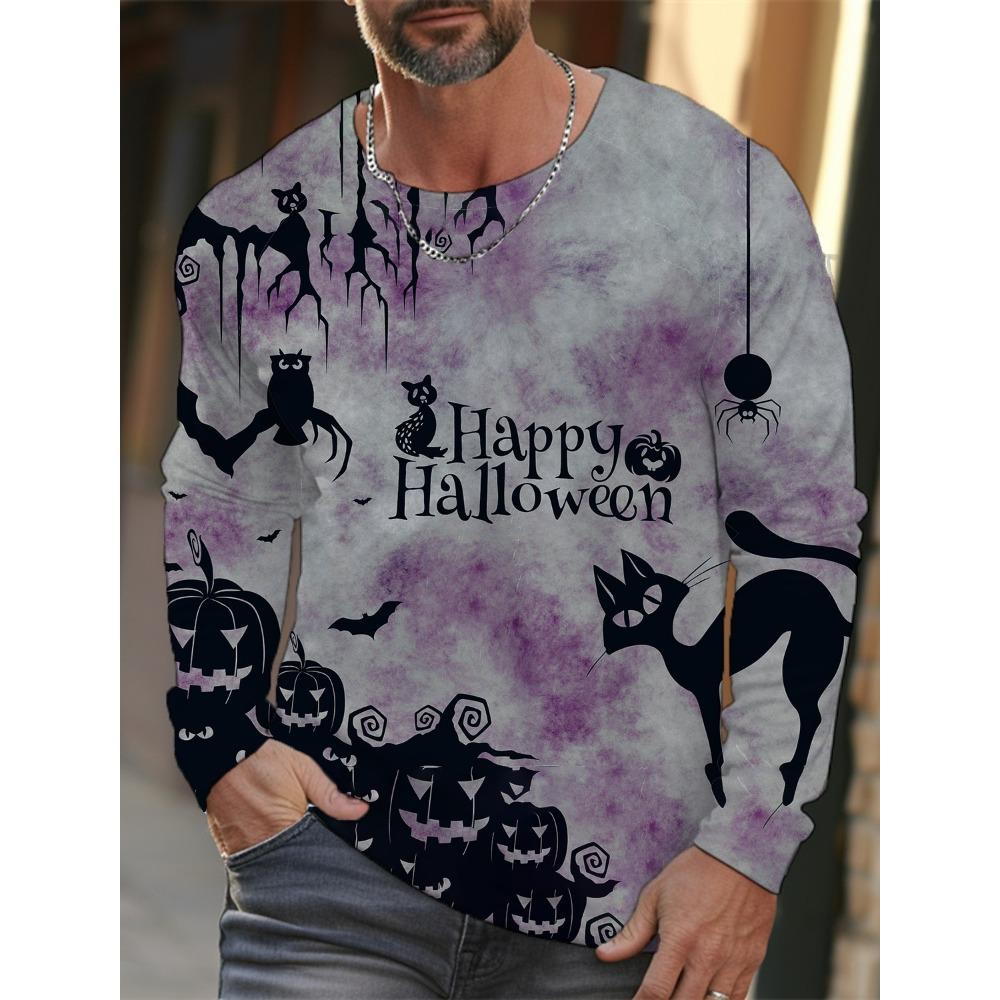 Autumn and Winter Men's Long Sleeve Halloween 3D Printed Pumpkin Print T-Shirt Men's Streetwear Round Neck Long Sleeve