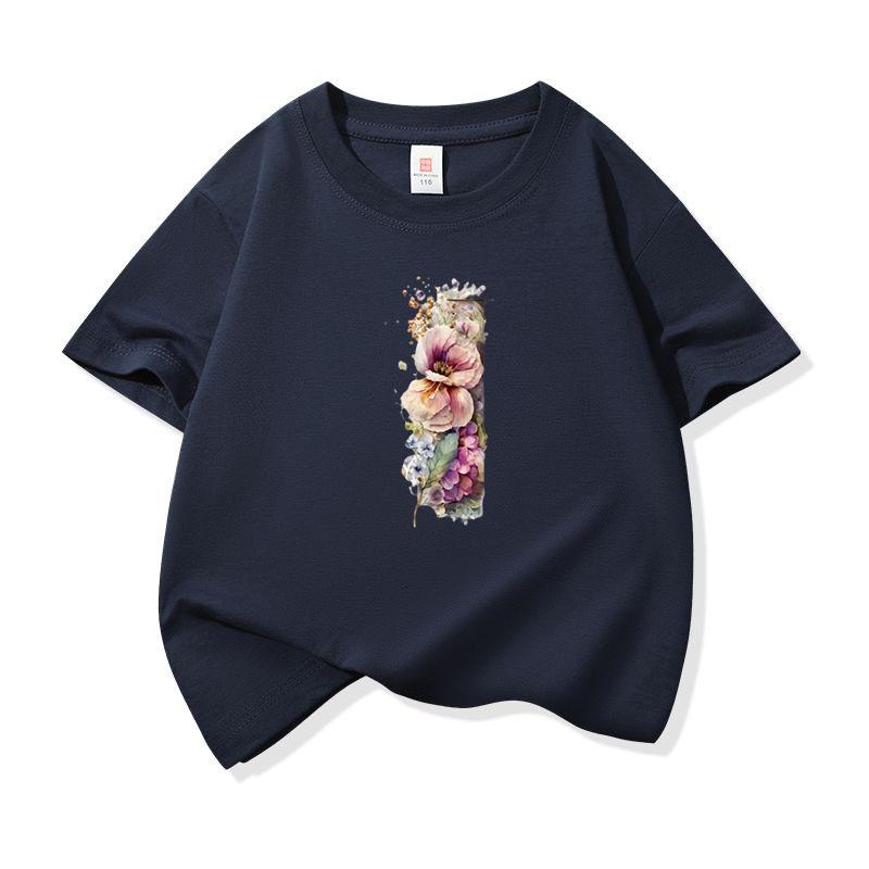 Kids Cotton T Shirt Floral Letter I Print Crew Neck Short Sleeve Tee Casual Boys Girls Summer Tops