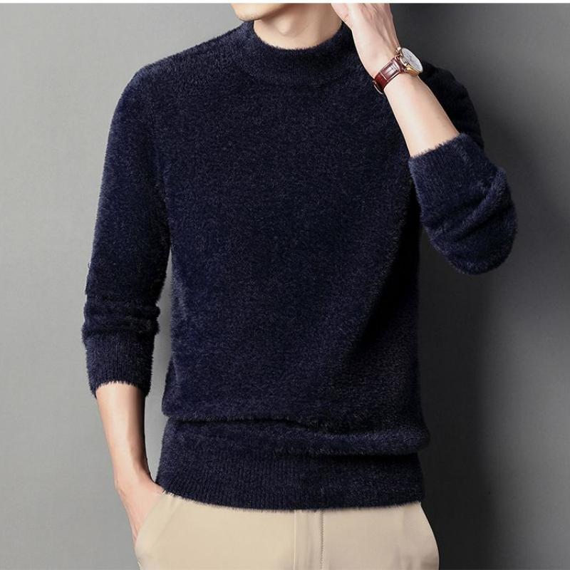 Imitation Mink Fleece Men Sweater Pullovers Thickened Half High Neck Solid Male Clothes Business Casual Autumn Winter Sweaters