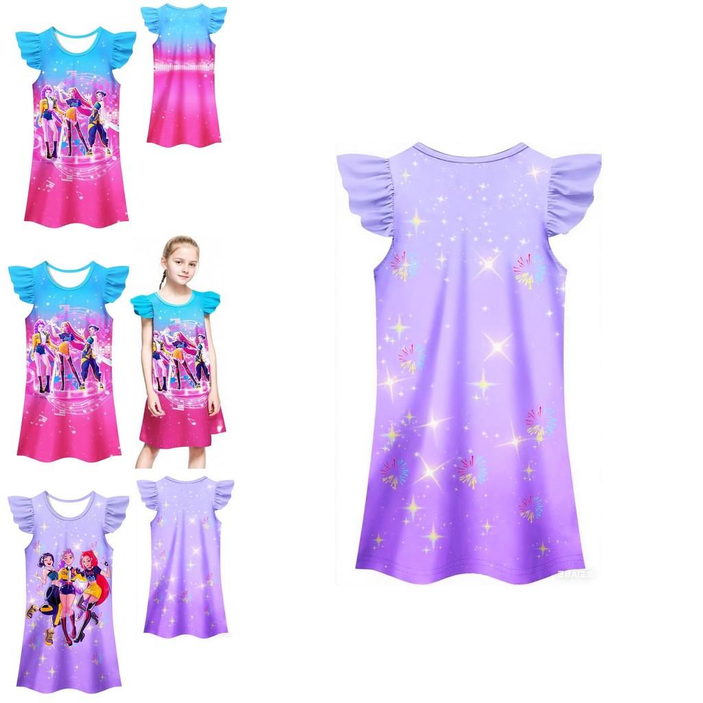 Kpop Demon Hunters Pattern Girl Sleep Dress With Cartoon Pattern For Kids Summer Wear