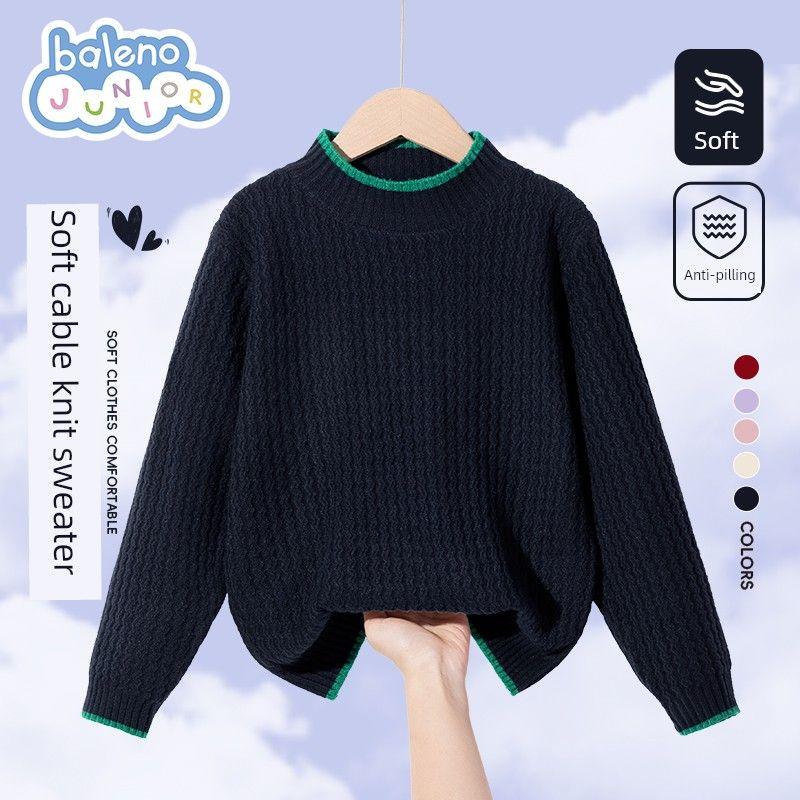Baleno Girls  Sweater Children s Winter Warm Knitwear 2025 New Style Girls  Super Cute Color-Blocked Knit Top Navy Blue # Solid Color 130