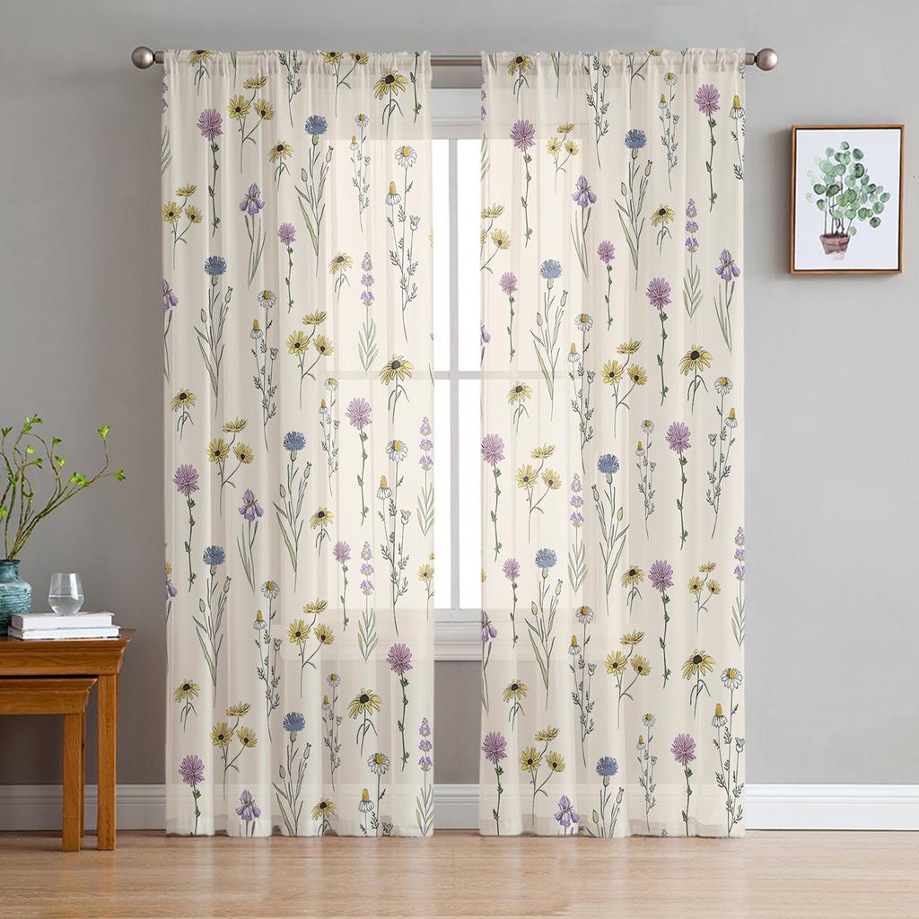 Blue Floral Leaves Transparent Drapes for Living Room Decoration Window Panel Curtains for Cooking Area Fine Netting Voile Organza Drapes