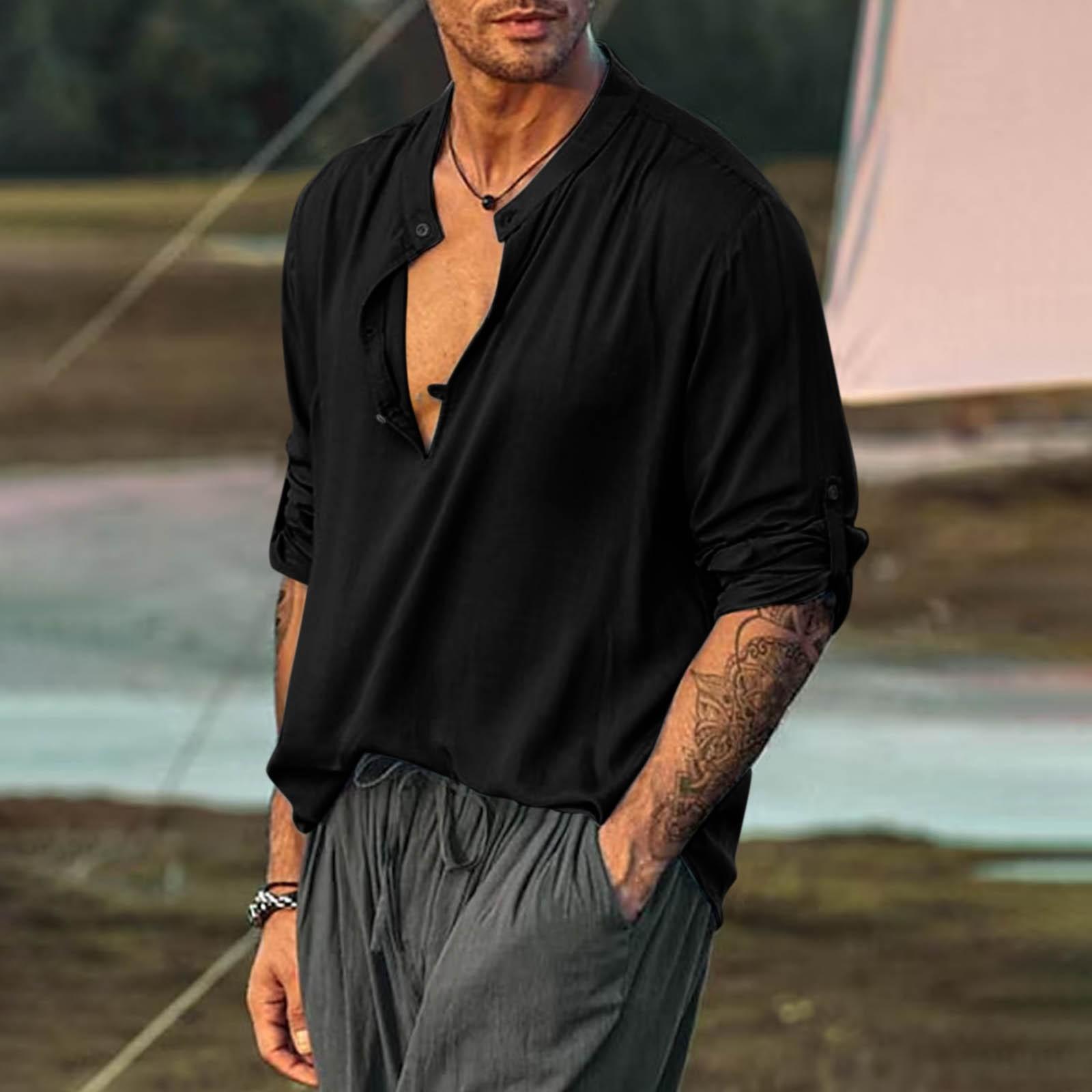 

Мужская полуоткрытая рубашка, разноцветная хлопково-льняная рубашка, круглый вырез, модный рукав, рубашка с длинными рукавами M чёрный