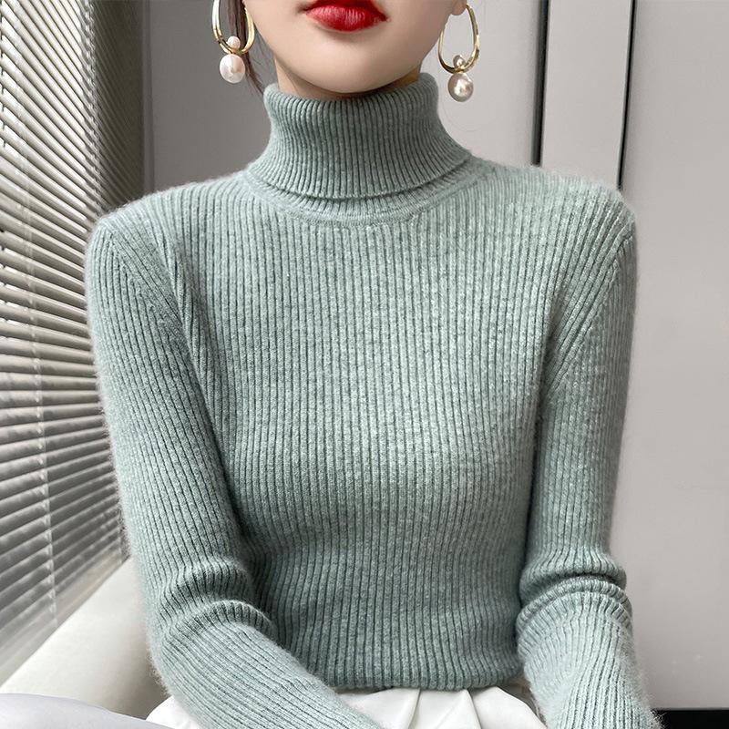 Women's Autumn Winter High Neck Pile Collar Ribbed Knit Slim-Fit Inner Base Layer Sweater