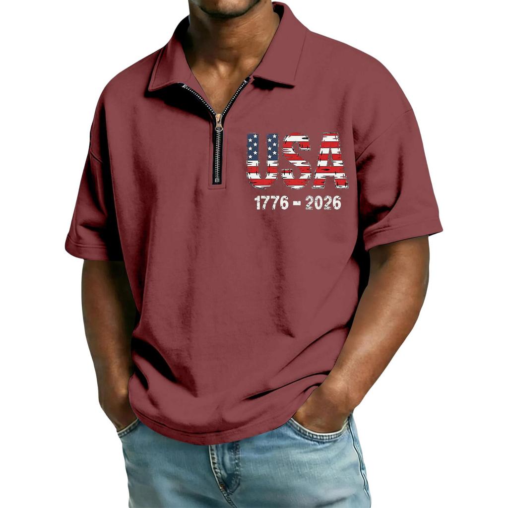 Men’s Short Sleeve Polo Shirt with Zipper Collar USA Letter Print 1776-2026 Casual Lightweight Top for Everyday Wear